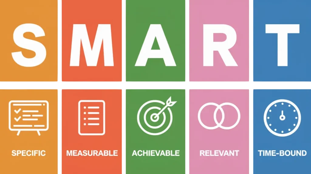 Graphic explaining SMART goals: Specific, Measurable, Achievable, Relevant, and Time-bound, perfect for Year-End Reflections and New Year Planning.
