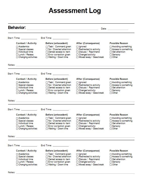 An "Assessment Log" form designed to record behavior, context, antecedents, consequences, and possible reasons for behavior, with checkboxes and notes sections.