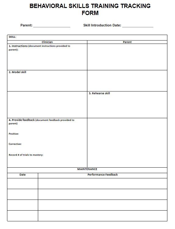 A "Behavioral Skills Training Tracking Form" with sections for clinician and parent input, including instructions, skill modeling, rehearsal, feedback, and maintenance.