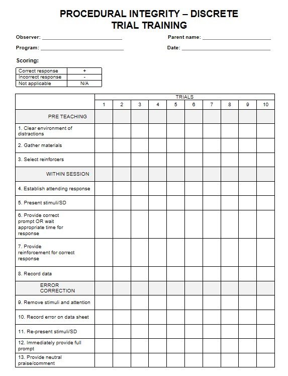 A "Procedural Integrity – Discrete Trial Training" form with a table for tracking pre-teaching, within-session tasks, and error correction across 10 trials.