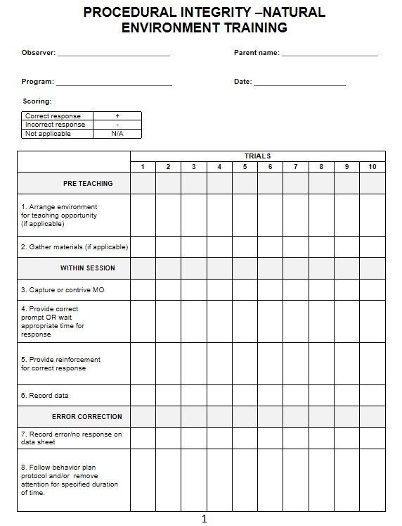 A "Procedural Integrity – Natural Environment Training" form with a table to track pre-teaching, session steps, and error correction across 10 trials.