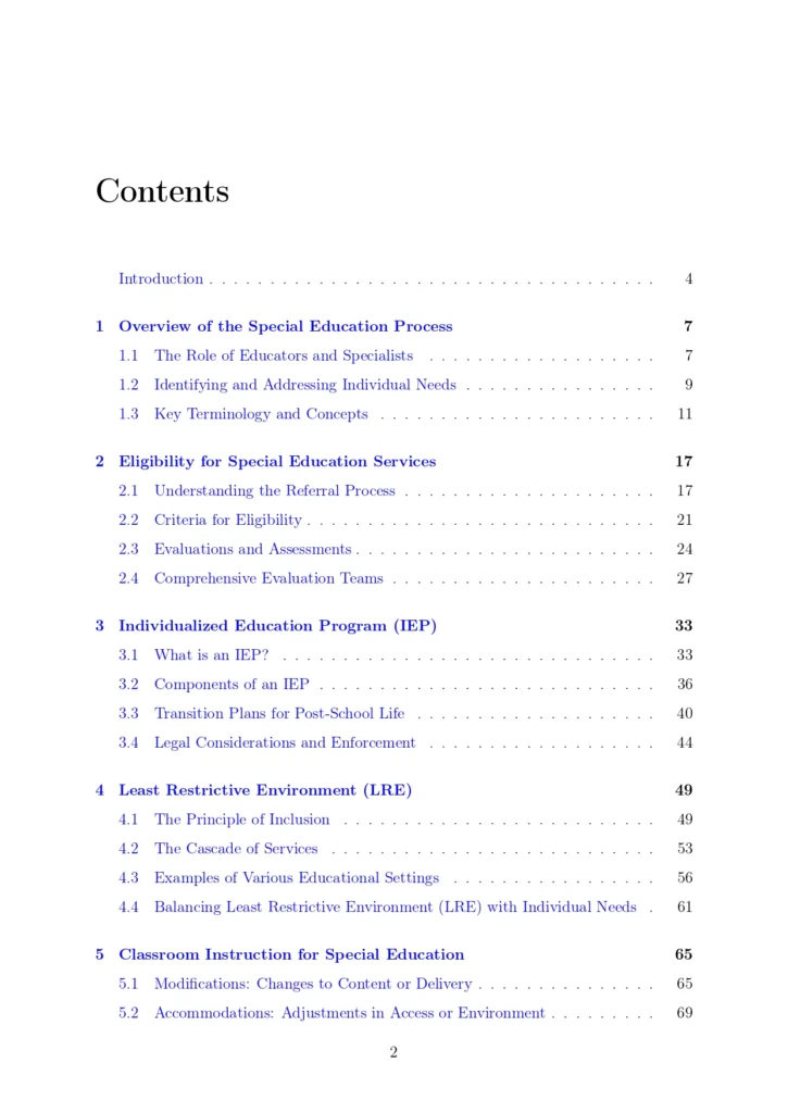 Table of contents for 'Bridging Gaps: A Practical Handbook on Special Education,' outlining topics like the IEP process, LRE, and classroom strategies.