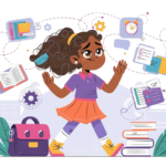 A young girl with curly hair looks overwhelmed as school supplies, books, checklists, and clocks float around her, representing distractions and stress.