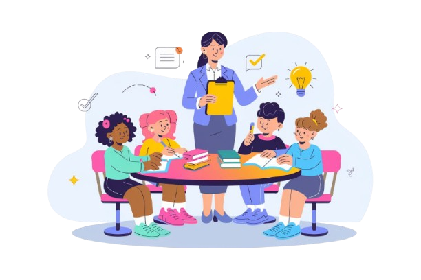 A teacher with dark hair stands holding a yellow folder, guiding a diverse group of students working together at a round table with books and stationery.