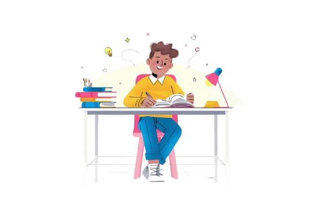 A smiling student in a yellow sweater sits at a desk, writing in a notebook surrounded by books, a lamp, and stationery.