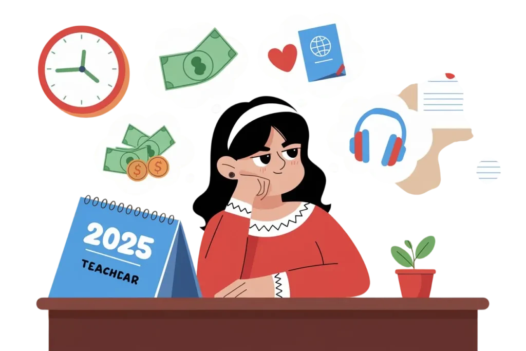 Illustration of a teacher sitting at a desk, reflecting on 2025 goals, surrounded by thought bubbles symbolizing Year-End Reflections and New Year Planning.