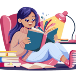 A happy girl with glasses and long dark hair reads a book while sitting on a cozy chair, surrounded by books, a desk lamp, and stationery.