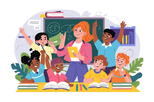 A red-haired teacher stands at the front of a classroom, engaging with diverse and happy students raising their hands, with a chalkboard and books in the background.
