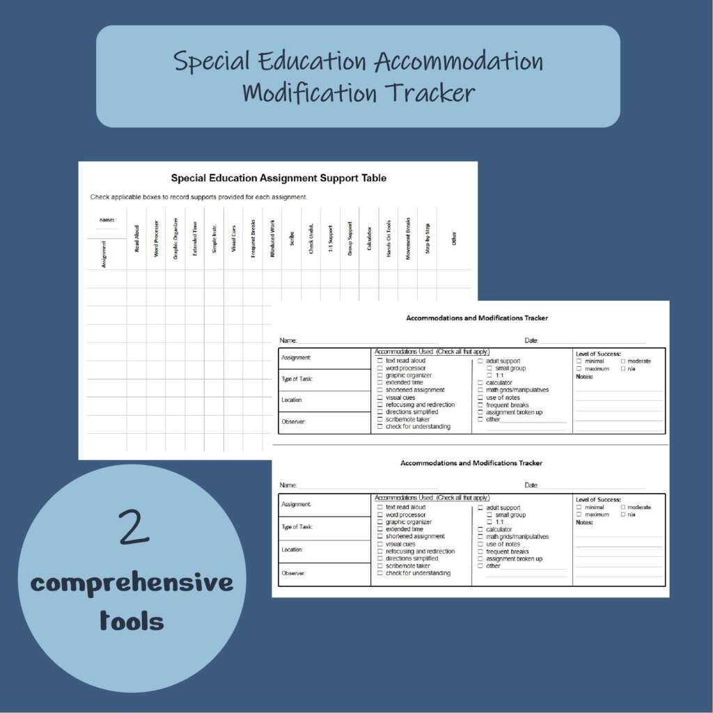 Comprehensive special education accommodation and modification tracker, including assignment support tables.