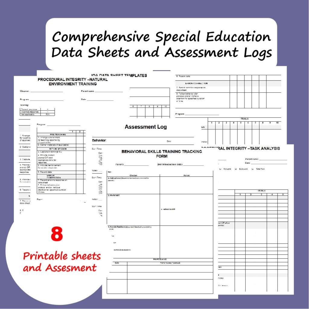 A collection of special education data sheets and assessment logs, titled "Comprehensive Special Education Data Sheets and Assessment Logs," featuring various printable forms for tracking behavior and skills.
