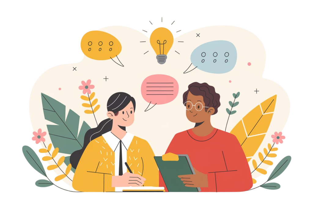 Illustration of parent and teacher collaborating with speech bubbles and lightbulb icons representing ideas and communication.