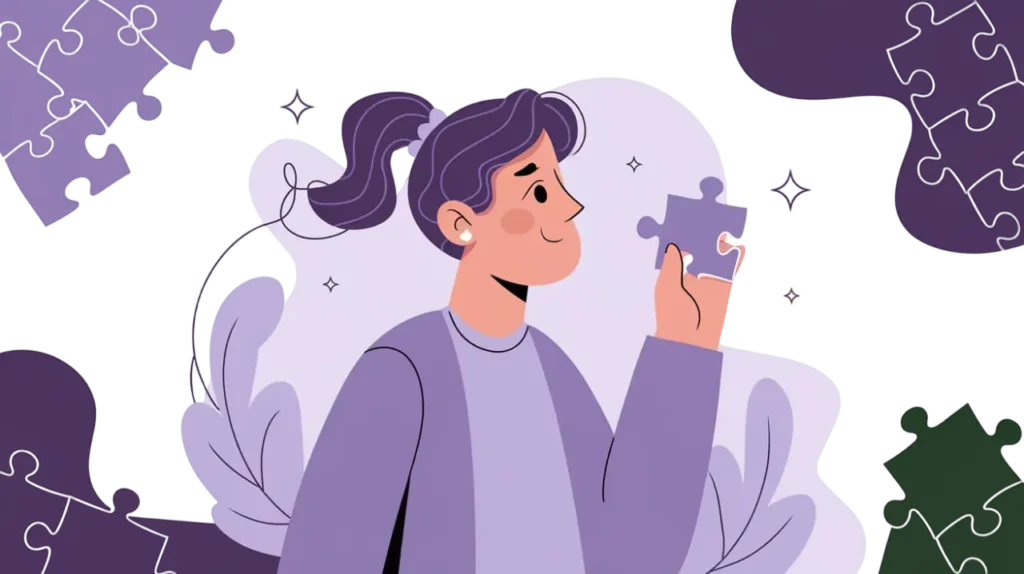 Woman holding a puzzle piece, symbolizing solving the puzzle of Asperger Syndrome characteristics.