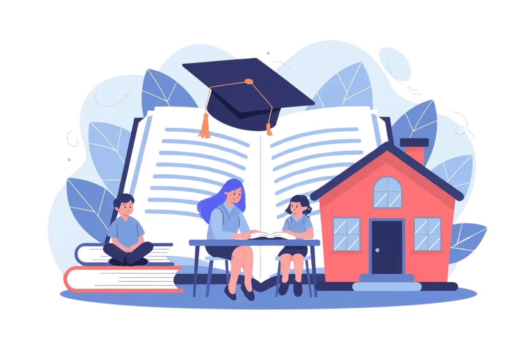 Illustration of a homeschooling setup with a mother and two children at a desk outside their home, surrounded by books and a graduation cap on a stack of books symbolizing academic achievement.