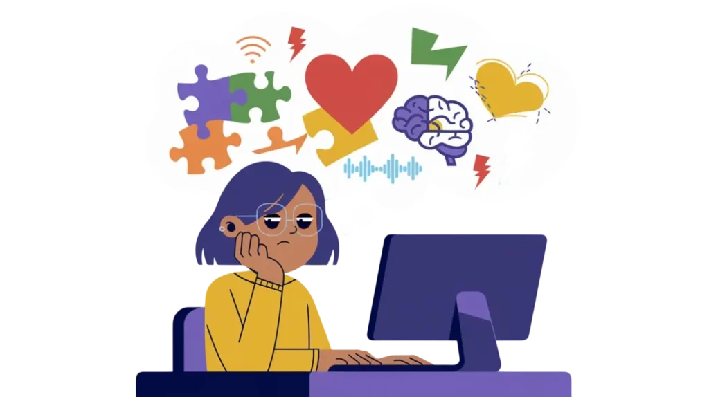 Illustration of a young woman with blue hair experiencing an Autism ADHD meltdown at her computer, surrounded by symbols like puzzle pieces, a heart, brain, and sound waves to depict sensory overload during the meltdown.