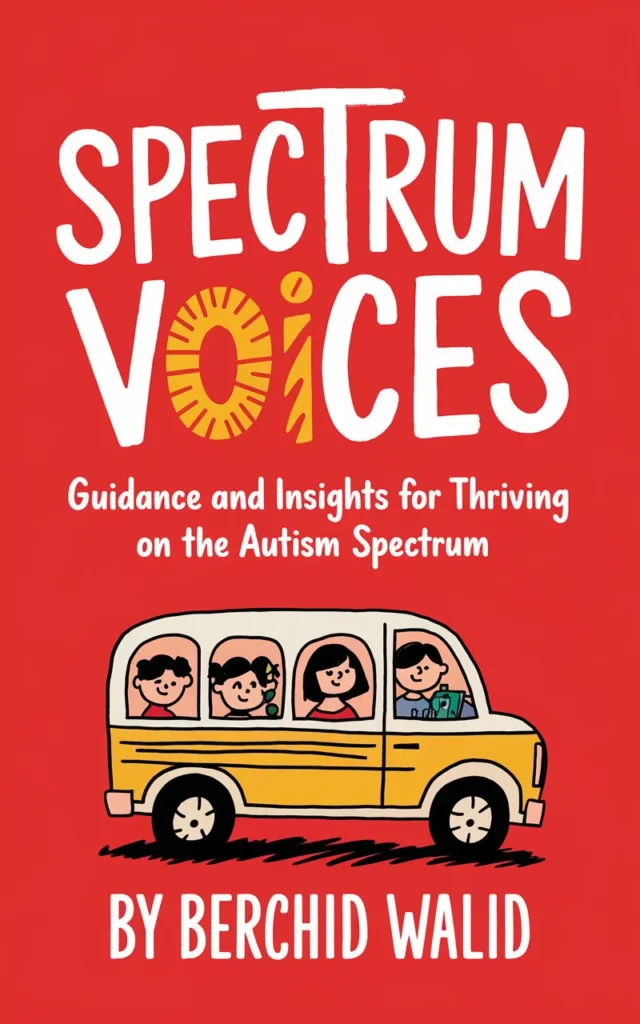 Book cover of 'Spectrum Voices' by Berchid Walid, featuring a colorful illustration of children in a school bus, representing guidance and insights for thriving on the autism spectrum.