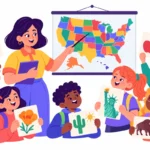 Illustration for 50 states activities: a teacher pointing at a colorful U.S. map on the wall while students hold up cards with state symbols