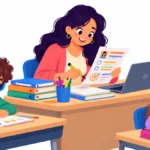 Illustration of an elementary teacher reading a 504 plan summary at her desk while students work quietly