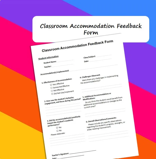 Classroom accommodation feedback form IEP 504 effectiveness tracker cover