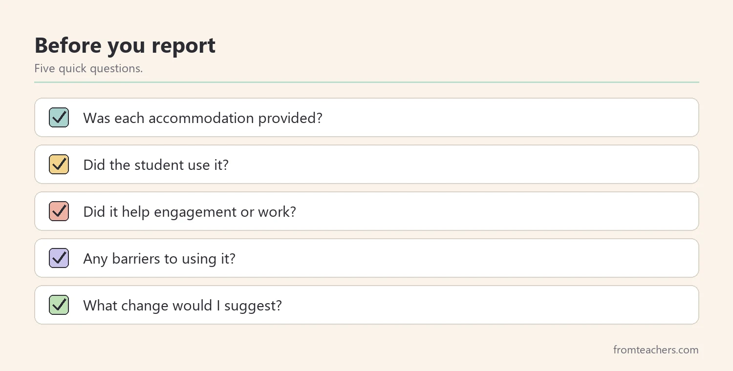 Checklist of five questions before reporting on 504 accommodations
