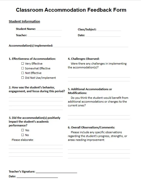 Preview of the accommodation feedback form with effectiveness rating, behavior and engagement question and challenges section