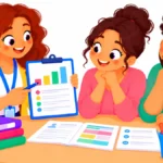 Illustration for 504 plan eligibility: a teacher explaining a simple chart to two parents at a small conference table