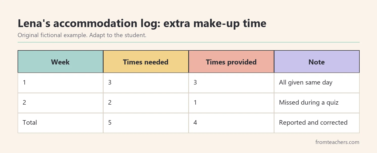 Weekly log of a fictional student's accommodations showing times needed and times provided