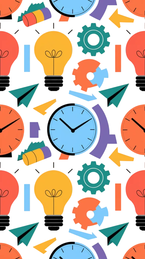 A seamless pattern of colorful gears, clocks, light bulbs, paper planes, and arrows, representing energy, ideas, and time management.