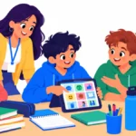 Illustration of a grade 7 student using a tablet communication app while talking with a classmate