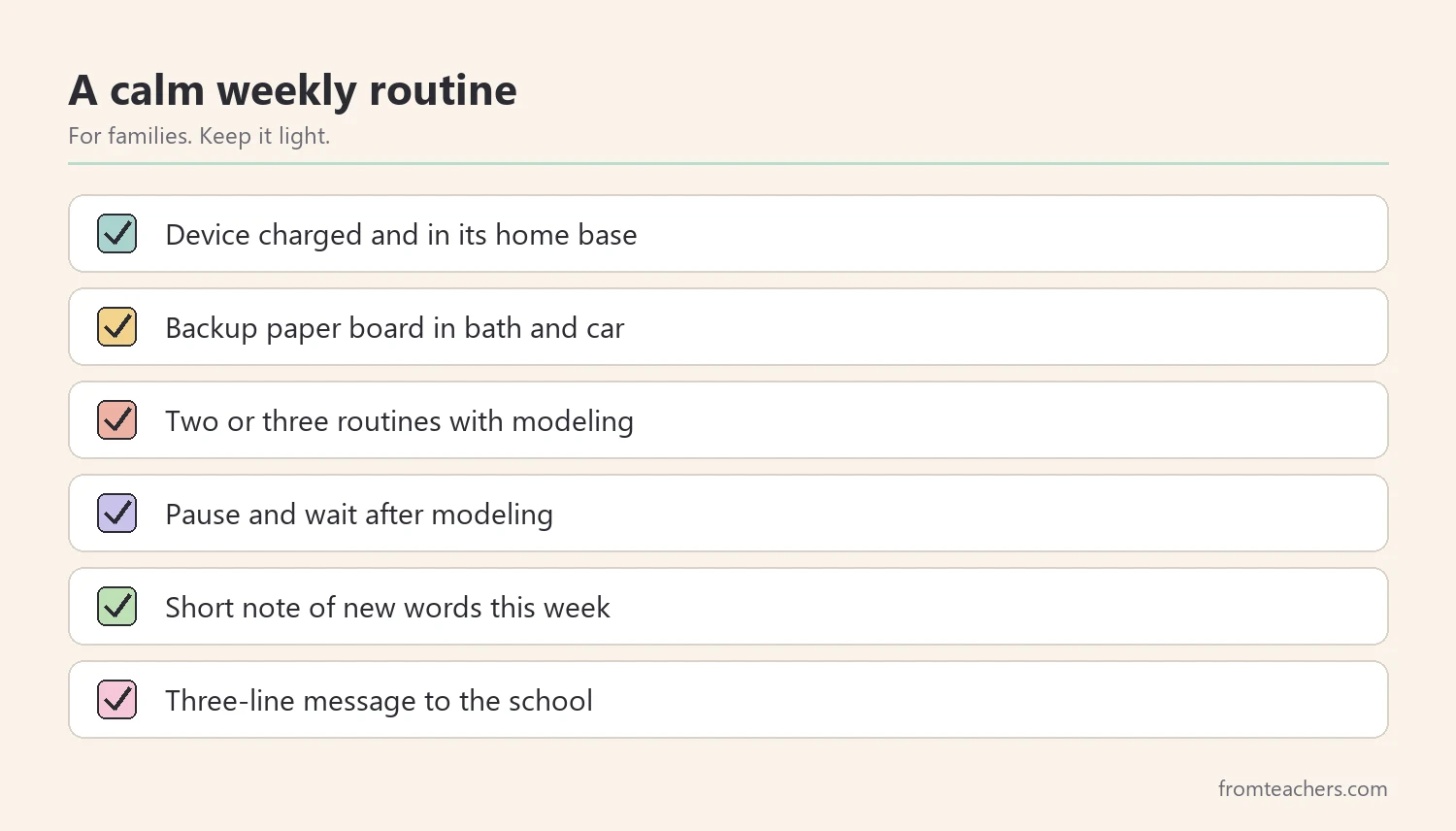 Checklist for a calm weekly AAC routine at home