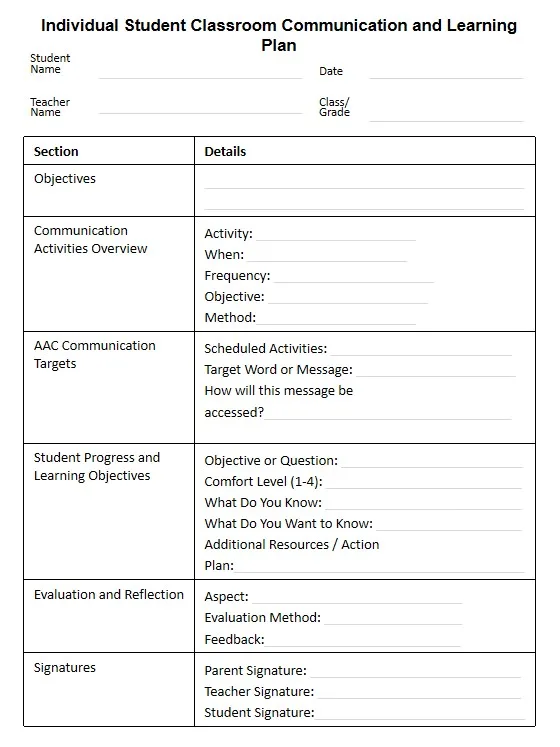 Preview of the AAC communication plan page with activities, targets, and reflection sections
