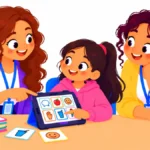 Student using a tablet as part of an AAC communication plan with her teacher