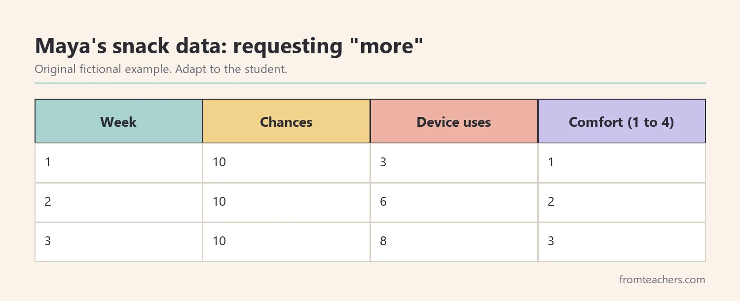 Table of three weeks of fictional AAC data showing chances, device uses, and comfort ratings