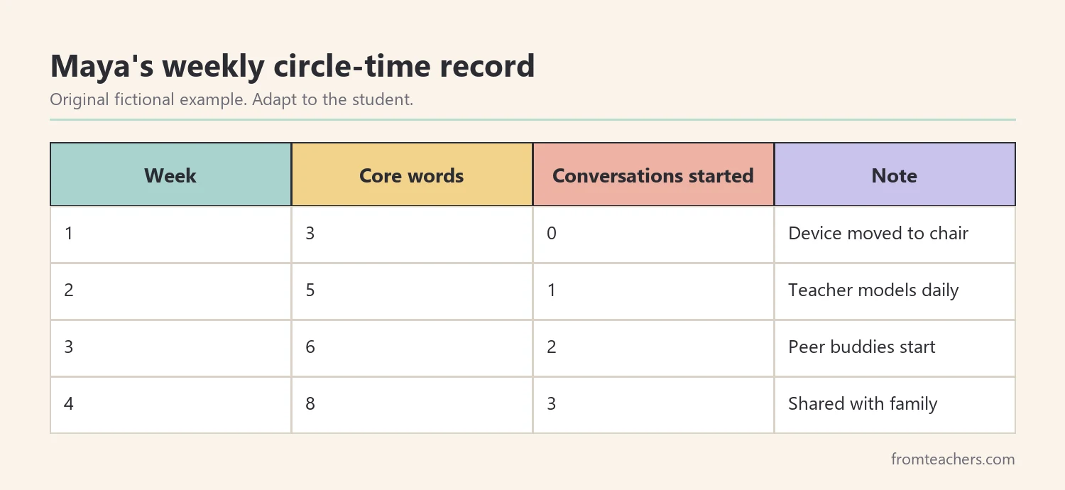Table of four weeks of fictional data showing core words used and conversations started by an AAC user
