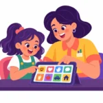 Teacher modeling words on a tablet while working on AAC learning goals with a student
