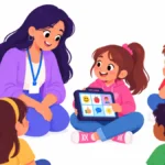 Illustration of a teacher avoiding AAC mistakes by waiting while a girl answers on her communication device