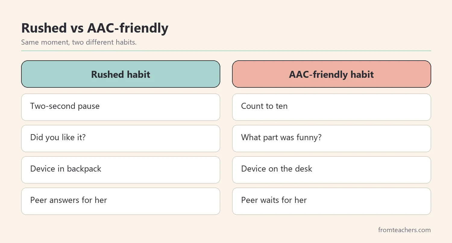 Comparison of rushed classroom habits versus AAC-friendly habits