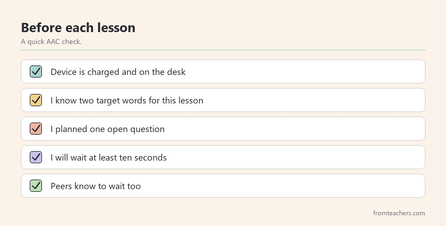 Checklist of five quick checks to avoid AAC mistakes before a lesson
