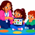 Illustration of a grade 2 student using a communication tablet during morning meeting
