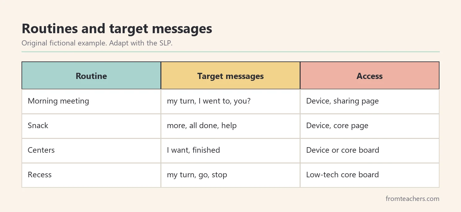 Table of daily routines with target AAC messages and how the student accesses them