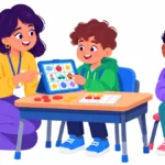 Illustration of a paraprofessional modeling words on a grade 3 student's communication device during math