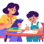 ABC behavior chart illustration showing a teacher sitting at a small table taking notes on a clipboard while a boy works on a worksheet nearby