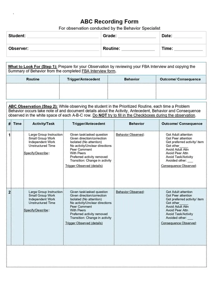 ABC behavior data sheet printable pages preview