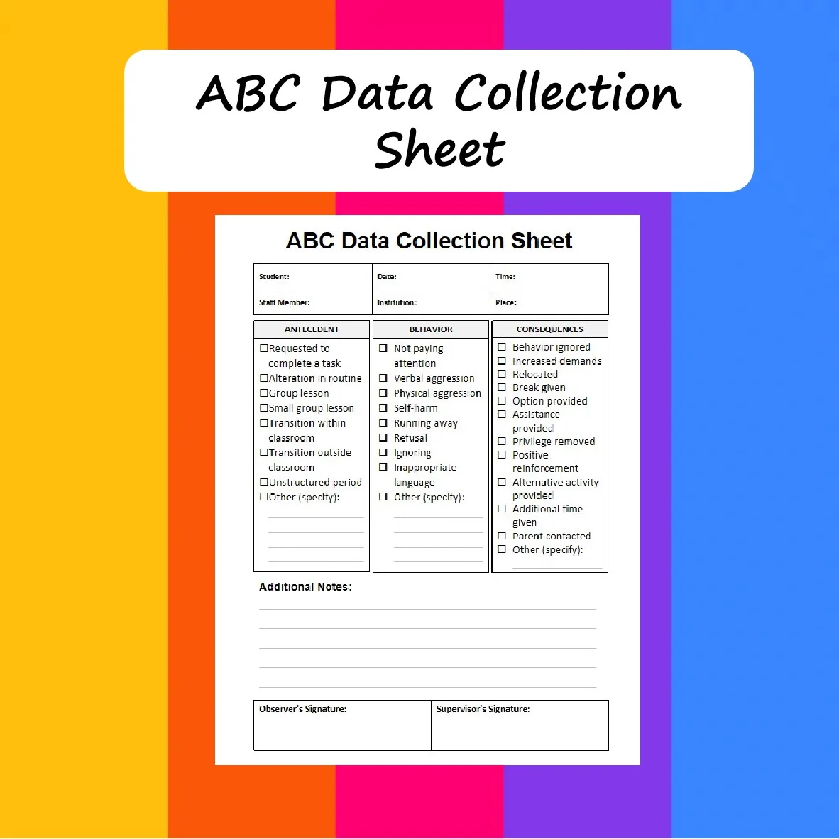 ABC data collection sheet cover on a rainbow background