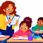 ABC data collection on a clipboard checklist held by a teacher in a busy classroom