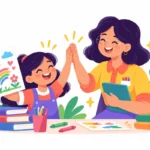 Illustrazione sulle abilità di vita quotidiana: una ragazza paga alla cassa di un piccolo negozio accompagnata da un'insegnante