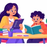 Illustration for academic intervention checklist: a teacher checking boxes on a clipboard beside a student reading aloud at a small table