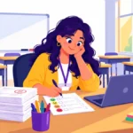 Illustration of a high school teacher filling in a short feedback form at her desk after class