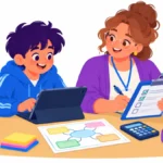 Illustration of a paraprofessional writing on a clipboard form while a student works on a tablet at a classroom table