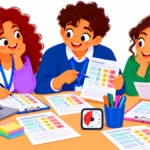 Illustration of a case manager and two teachers comparing feedback forms at a library table