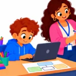 Illustration of a teacher checking boxes on an accommodations grid on a clipboard while a student types at a desk